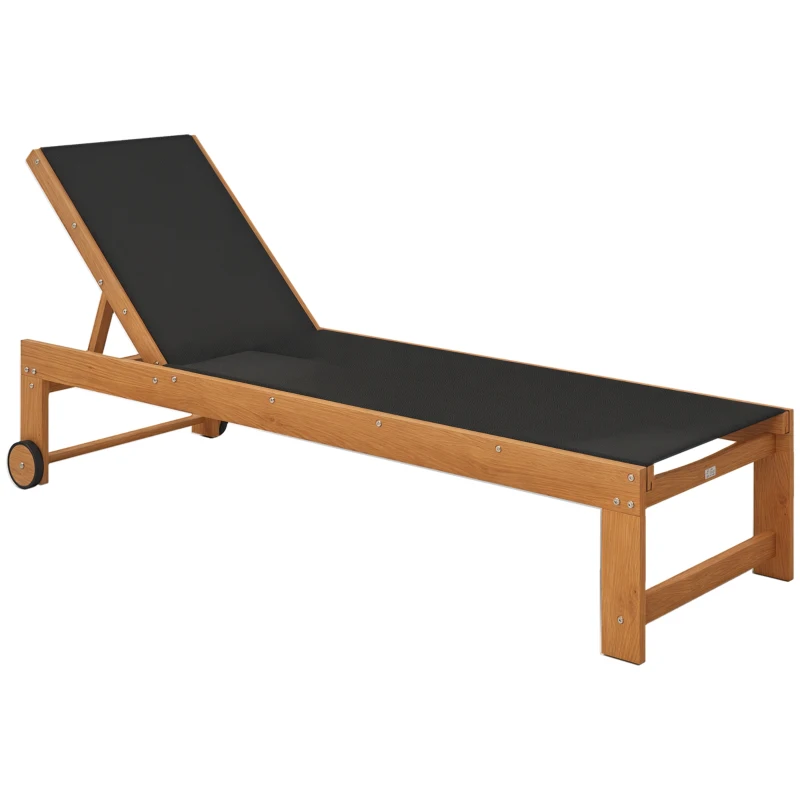 Outsunny Espreguiçadeira de Madeira Espreguiçadeira de Jardim com Rodas Encosto Ajustável em 4 Níveis 186x60x33 cm Teca e Preto