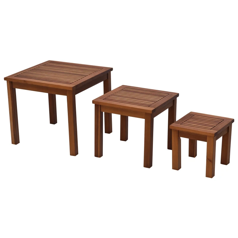 Outsunny 3er Set Couchtisch, Stapeltisch, Garten Beistelltisch, Geartentisch, Kaffeetisch, Akazie, Natur, 50 x 50 x 45 cm/39 x 39 x 36 cm/28 x 28 x 27,5 cm
