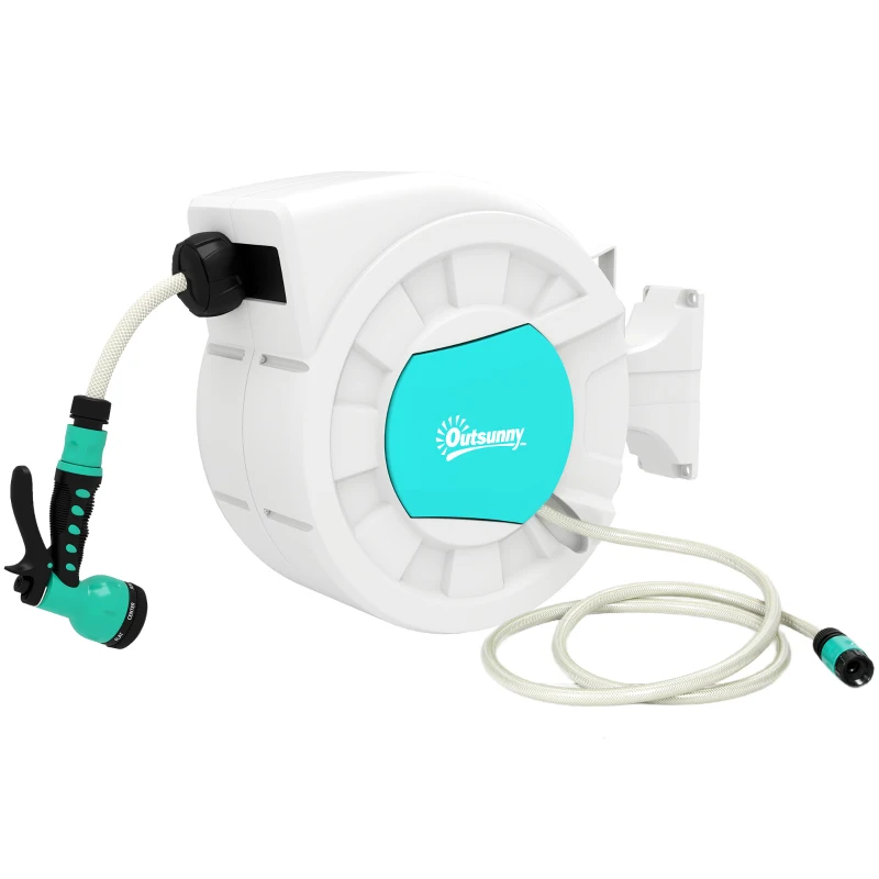 Outsunny Manguera Retráctil de Pared con Carrete de 25+2 m con Bloqueo Retorno Automático y Boquilla de 7 Funciones y Giro 180°