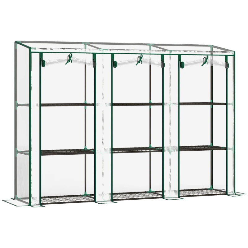 Outsunny Seră de grădină cu rafturi la 3 niveluri, seră de balcon cu 3 uși rulante cu fermoar, 215 x 46 x 151 cm, verde