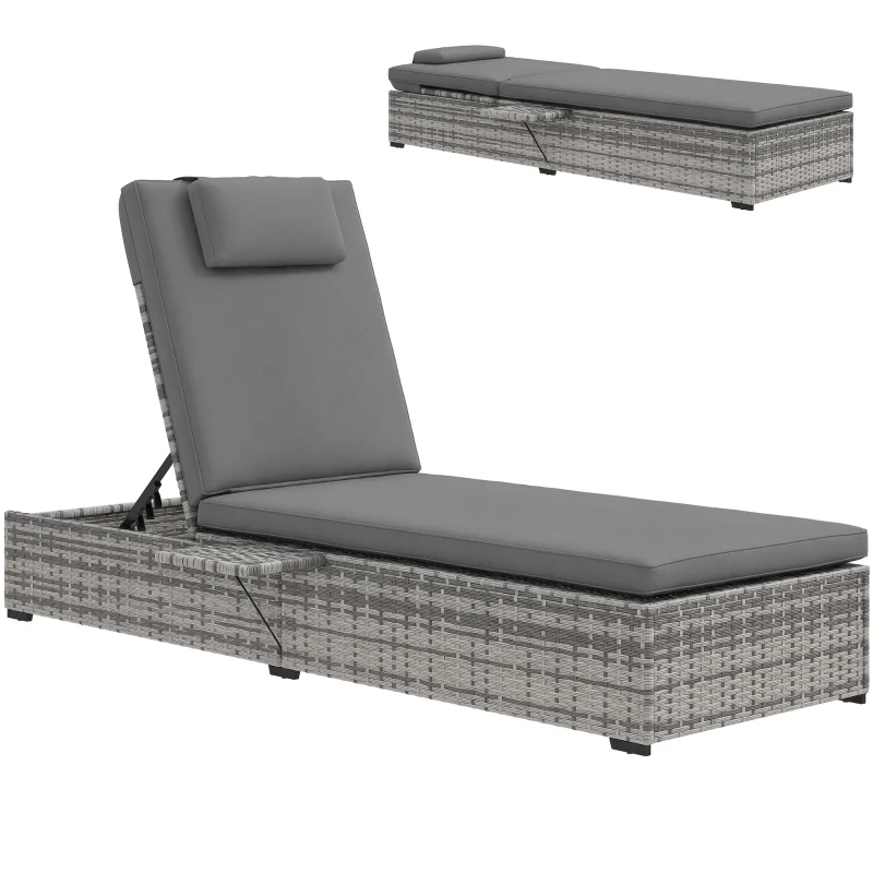 Outsunny Tumbona de Jardín de Ratán con Respaldo Ajustable en 5 Niveles Mesita y Cojín Carga 120 kg Gris