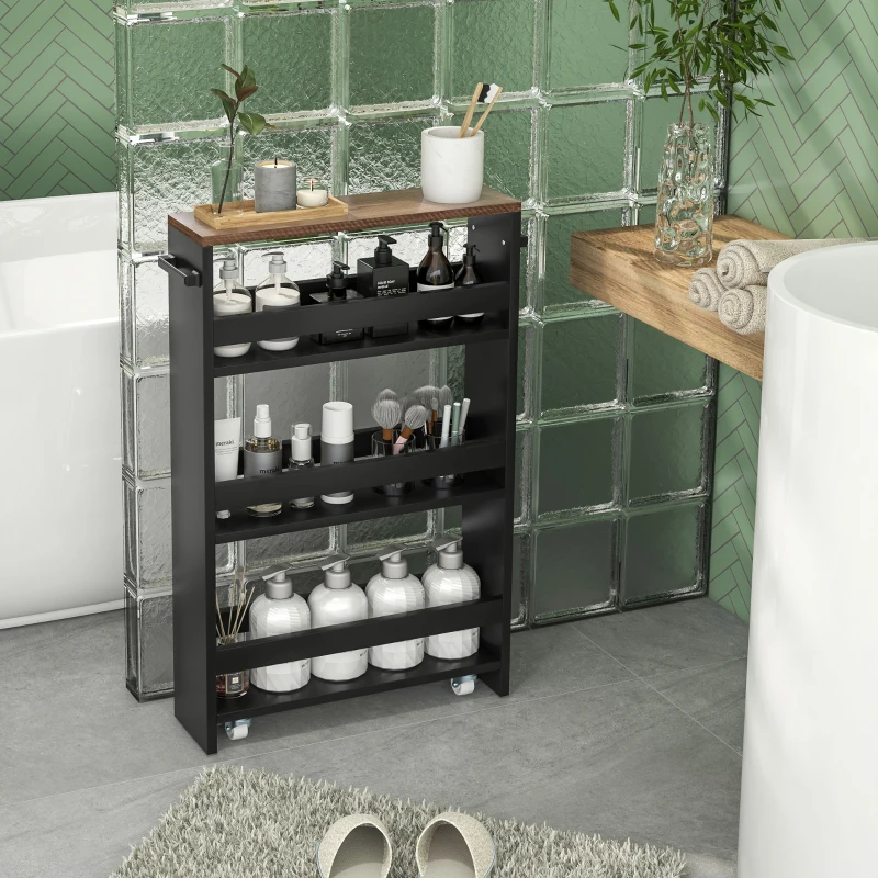 HOMCOM Cărucior de depozitare pe roți 3 nivele de depozitare și mâner, dim. 51,5l x 13l x 80H cm