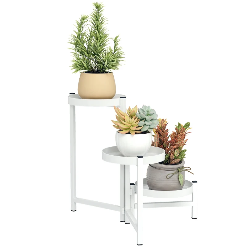 Outsunny Suporte para Plantas Dobrável de Metal com 3 Prateleiras Redondas Suporte para Vasos de Plantas para Interior e Exterior 40x40x42 cm Branco