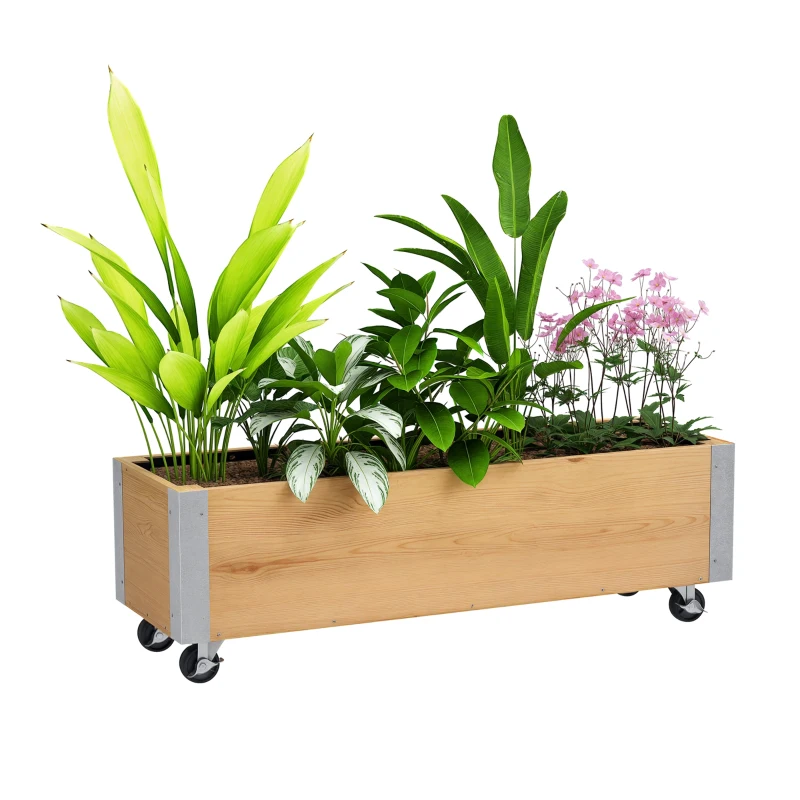 Outsunny Jardinieră pe role, jardinieră rectangulară făcut de drenaj metal lemn masiv 96 x 30,6 x 30 cm lemn natural
