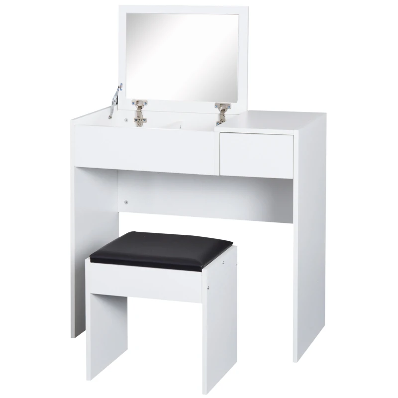 HOMCOM Tocador de Maquillaje con Taburete Mesa de Maquillaje con Espejo Tapa Abatible y Cajas 80x40x79 cm y 40x30x40 cm