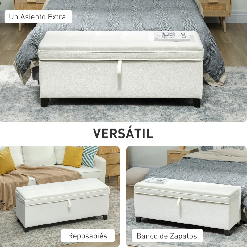 HOMCOM Banco de Almacenaje con 2 Bisagras de Seguridad Tapa Abatible para Dormitorio Salón 120x40x48 cm Crema