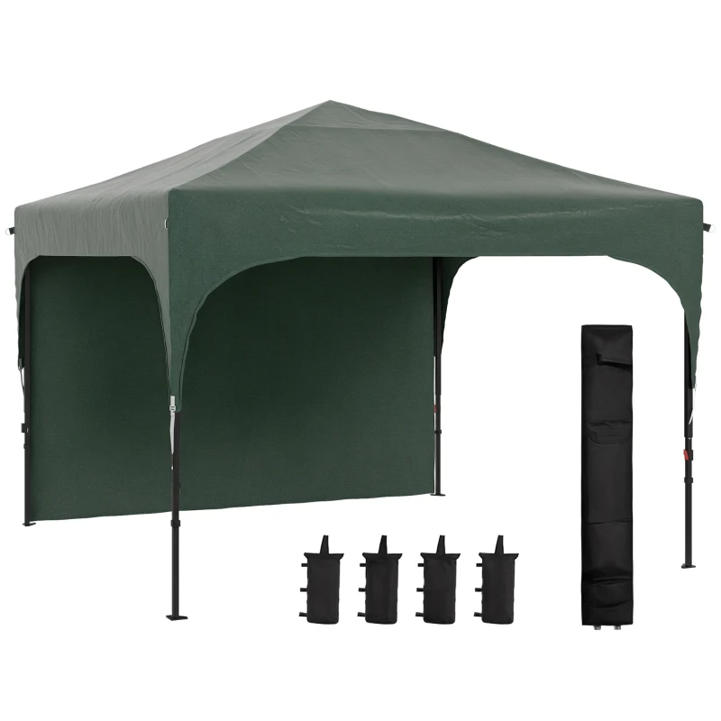 Outsunny Cenador de Jardín 3x3 m con Altura Ajustable 1 Pared Lateral Impermeable 4 Bolsas de Arena y Bolsa de Transporte Verde