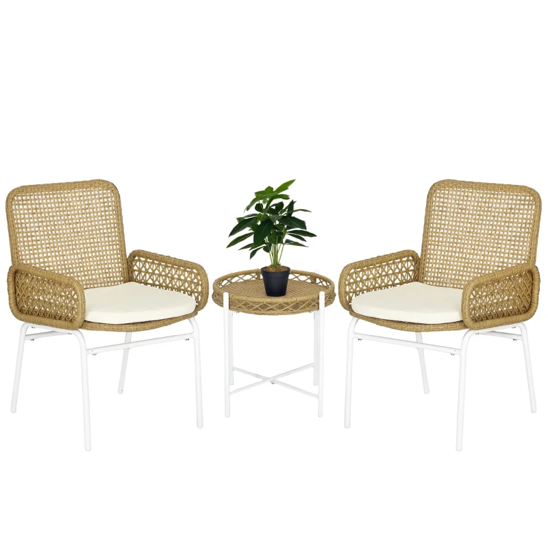 Outsunny Juego de 3 Piezas Sillas y Mesa de Ratán con 2 Sillas 1 Mesa de Centro y Cojines para Terraza Patio Natural