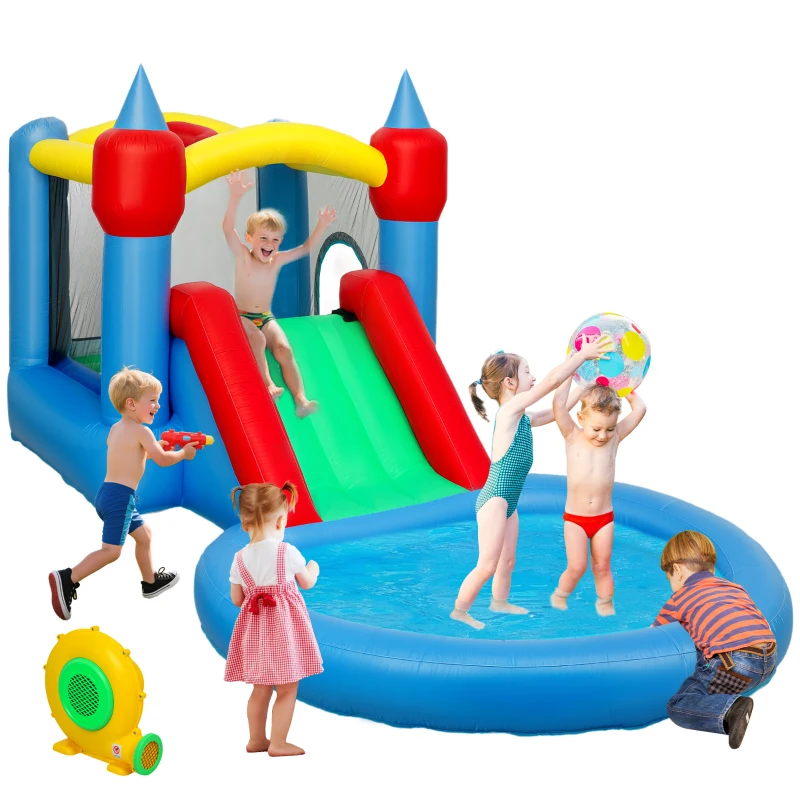AIYAPLAY Castel gonflabil 4 în 1 cu tobogan, coș de baschet, piscină cu bile, ventilator 370W, 415 x 205 x 190 cm