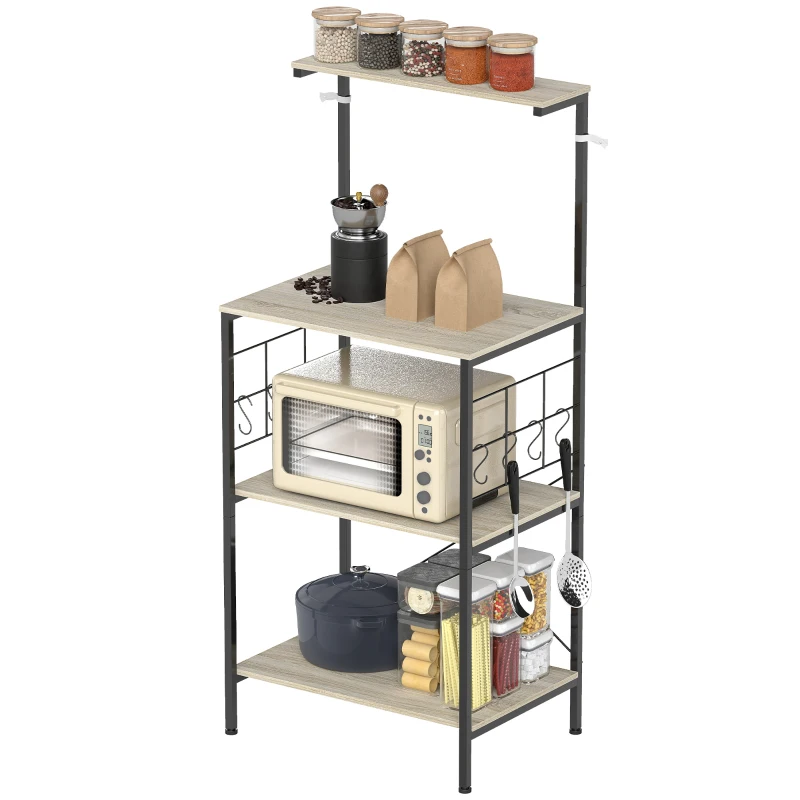 HOMCOM Étagère de cuisine, support pour micro-ondes, avec panneau grillagé, 8 crochets, 60 x 42 x 134,5 cm, chêne