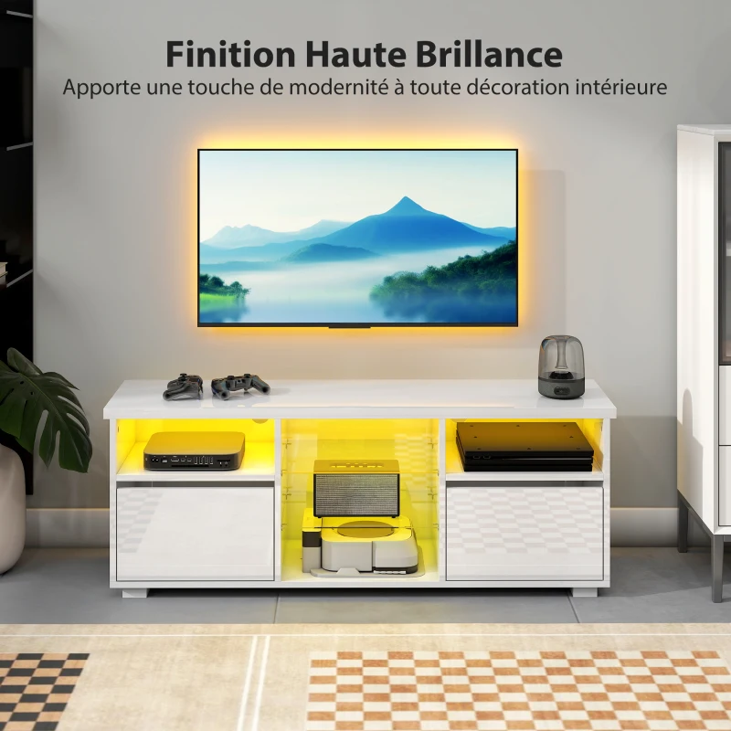 HOMCOM Meuble TV 120 cm, meuble télé pour téléviseur jusqu'à 55 pouces éclairage LED et télécommande étagères en verre blanc
