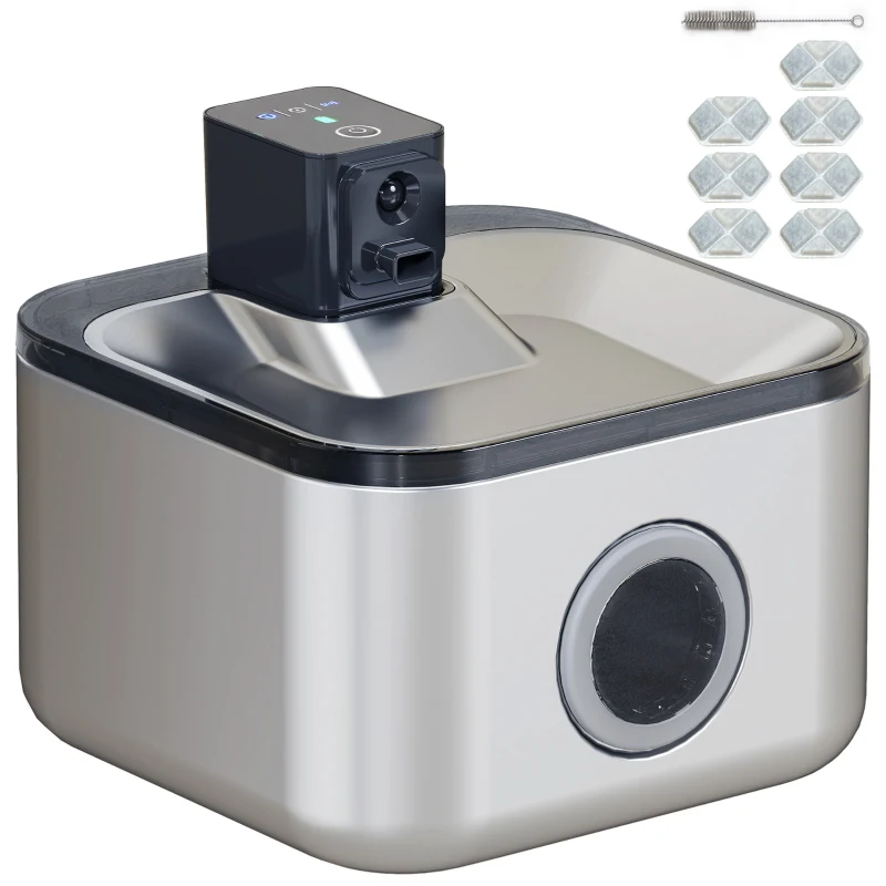 PawHut Fântână Automată pentru Pisici 4,2L din Oțel Inoxidabil, Silențioasă, Filtru 3 Etape, Încărcător USB, Argintiu