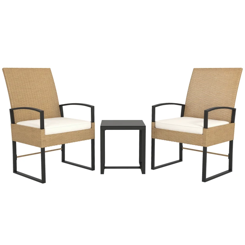 Outsunny Conjunto de Jardim de 3 Peças com 2 Cadeiras e Mesa de Vime com Encosto Ajustável e Bancada de Vidro Bege e Branco