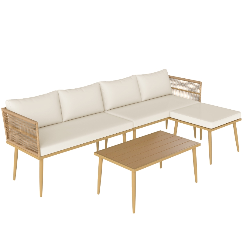 Outsunny Salon de grădină exterior din rășină impletită 5 locuri modular 2 canapele, pouf și masă de cafea, perne incluse, crem