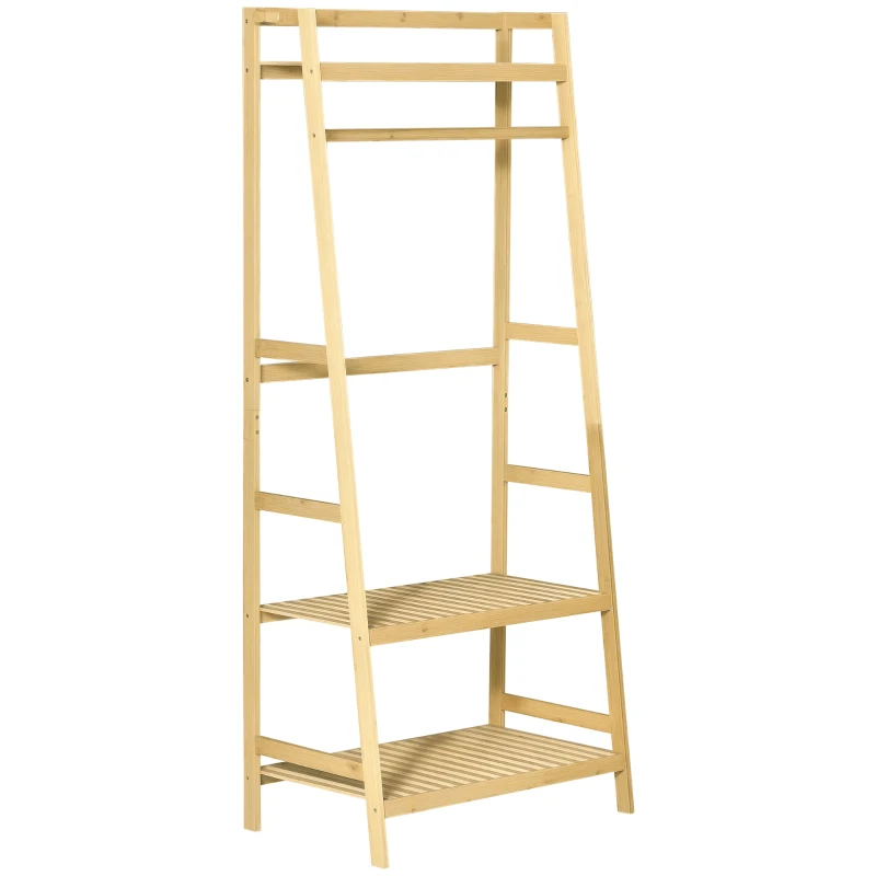 HOMCOM Bambus Gaderobenständer Kleiderständer mit 3 Regalen Wäscheständer Freistehender Kleiderständer 70 x 42 x 164 cm