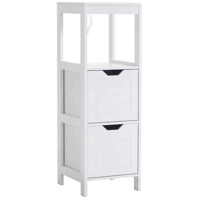 kleankin Armario de Baño Gabinete Multifuncional con Estante Abierto 2 Cajones de Almacenaje Diseño Antivuelco 30x30x89 cm Blanco