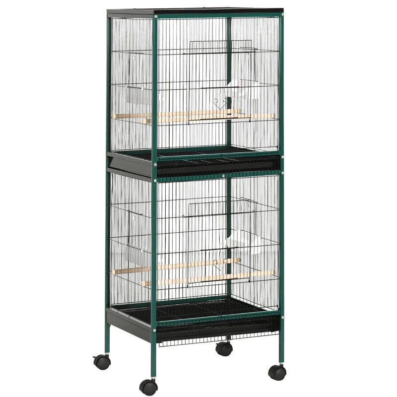 PawHut Grande Cage à Oiseaux sur pied double avec mangeoires perchoirs plateau amovible roulettes - Dim. 51,5L x 50l x 140H cm