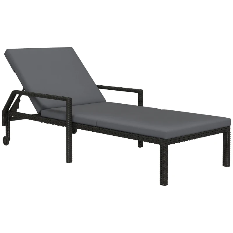 Outsunny Espreguiçadeira de Vime com Encosto Ajustável em 5 Posições Acolchoado e 2 Rodas 73x200x48 cm Cinza Escuro e Preto