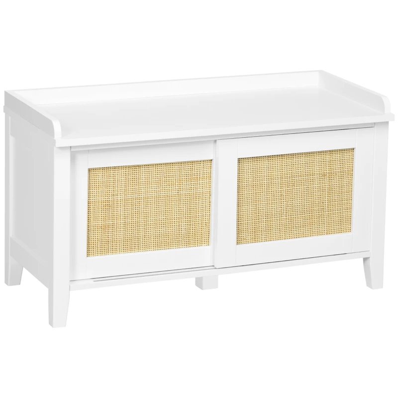 HOMCOM Banc de pantofi mobilier de depozitare cu ușă glisantă și fațade din răchită împletită 80 x 35 x 45 cm alb