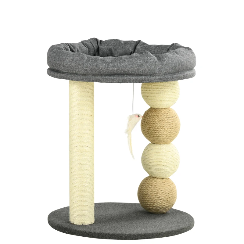 PawHut Árbol Rascador para Gatos Pequeño Torre para Gatos con Nido 4 Bolas y Poste de Sisal Carga 15 kg Ø40x48 cm Gris y Beige