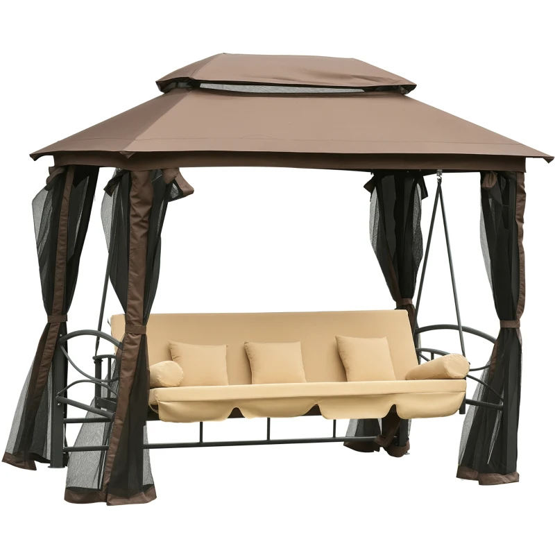 Outsunny Dondolo 3 Posti da Giardino Convertibile in Lettino con Gazebo, con Zanzariera e Cuscini, 257x175x240cm Cachi