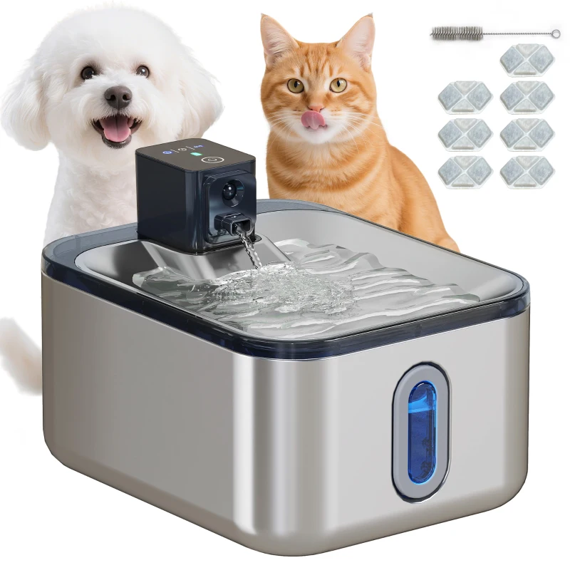 PawHut Fântână automată de apă pentru pisici din oțel inoxidabil 5L, silențioasă, distribuitor apă 3-etape filtru încărcător USB, argintiu