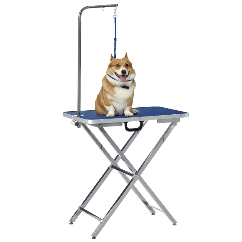 PawHut Mesa de Tosquia para Cães com Bancada Antiderrapante Alça e Braço com Altura Ajustável 72x45x74-81 cm Azul