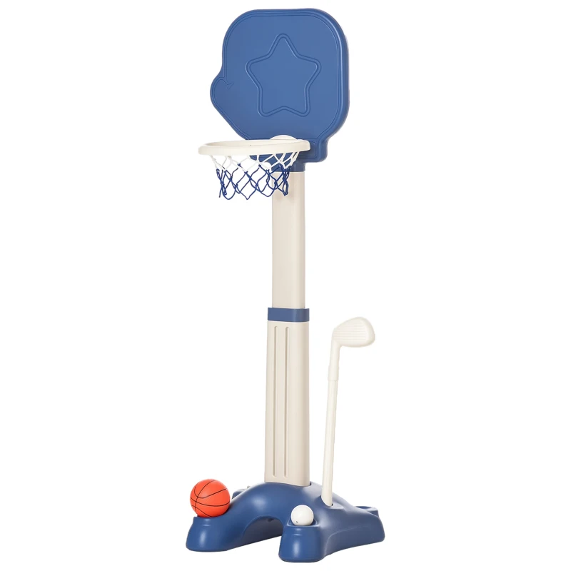 HOMCOM Canasta de Baloncesto 2 en 1 Canasta de Baloncesto Infantil con Aro Ajustable en Altura de 83-120 cm Pelotas y Palo de Golf 46x41x116-153 cm Azul y Blanco