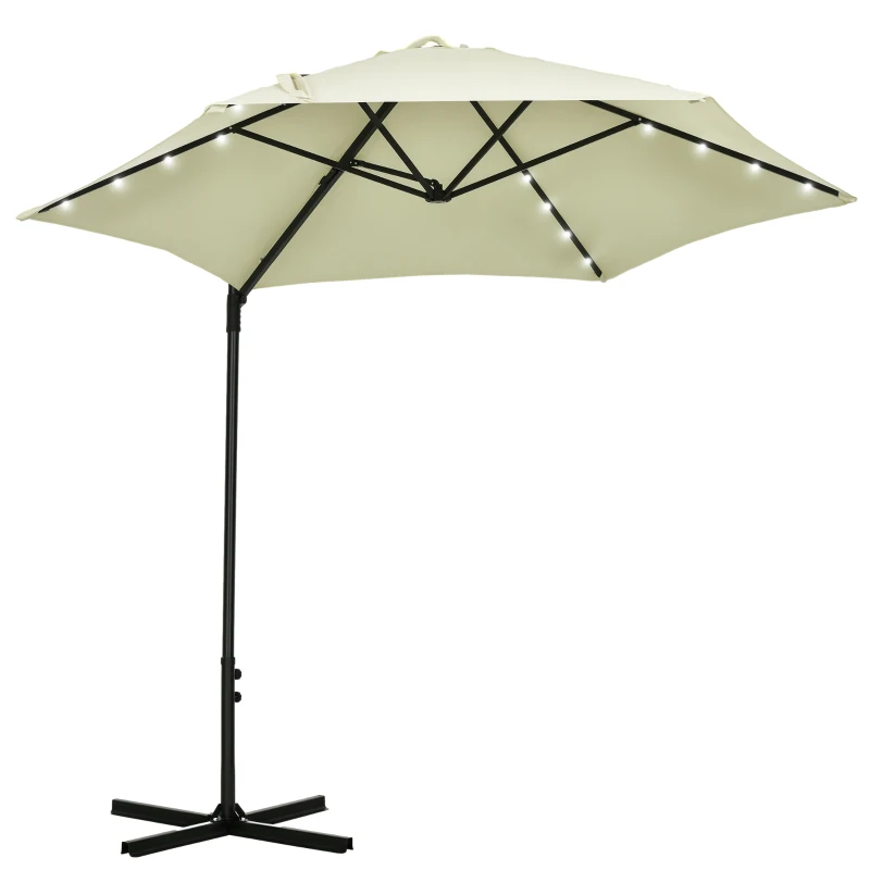 Outsunny Parasol de Terraza Manual Ø256x248 cm con Luces LED Solares Poste Giratorio 360° y Ventilación Superior Beige