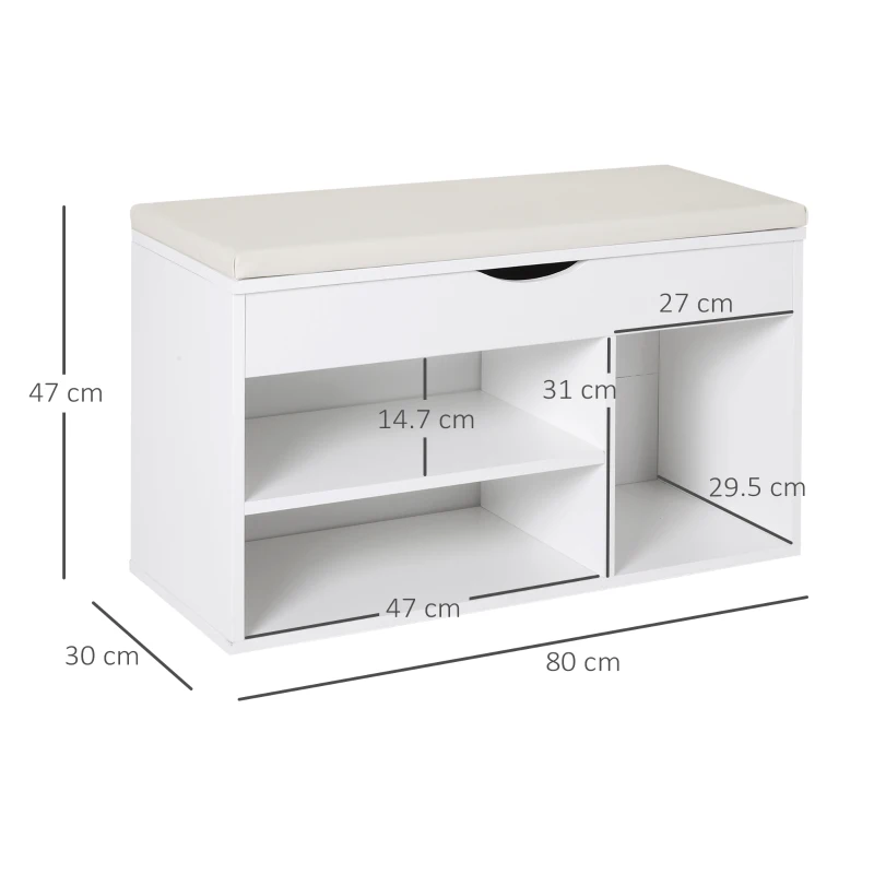 HOMCOM Wooden Shoes Cabinet Bench Hidden Storage Padded Seat Organiser Footwear Rack Hallway White 80 x 30 x 47 cm