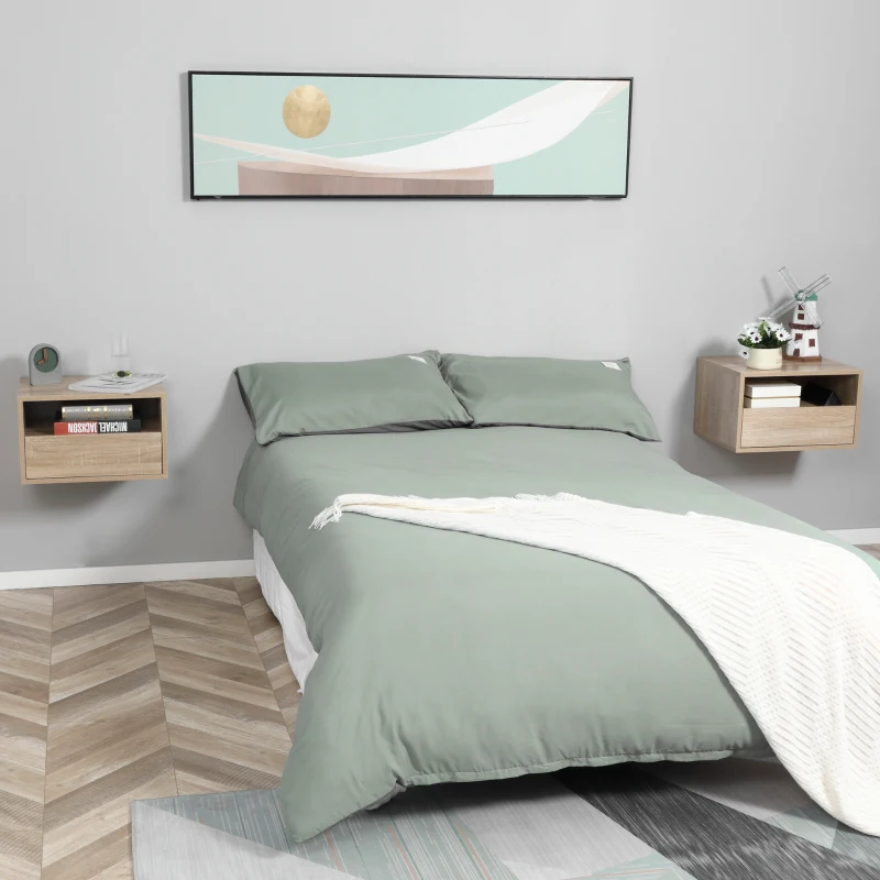 HOMCOM Set de 2 Noptiere murale, Set de 2 Noptiere, Sertar culisant, Nisa, Blat, Panouri Particule Aspect stejar Deschis