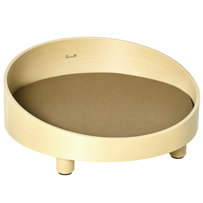 PawHut Cama de Madera para Perros Gatos Sofá Redondo para Mascotas Pequeñas con Cojín Acolchado y Patas Ø59x23,5 cm Natural