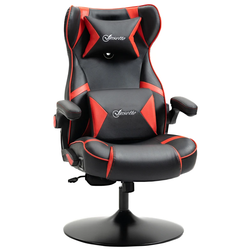 Vinsetto Chaise de gaming ergonomique avec 2 haut-parleurs intégrés base ronde hauteur réglable accoudoir relevable coussins têtière et lombaires PU noir et rouge