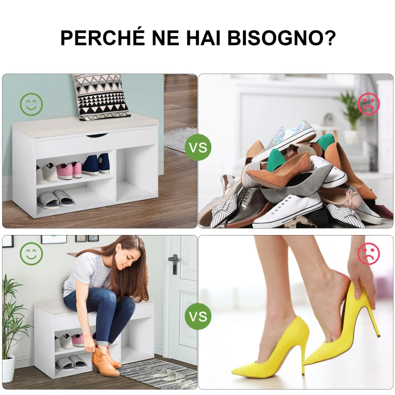 HOMCOM Panca Scarpiera, Mobile Portascarpe Salvaspazio con Sedile Imbottito Ribaltabile da Ingresso Legno, 80x30x47cm, Bianco