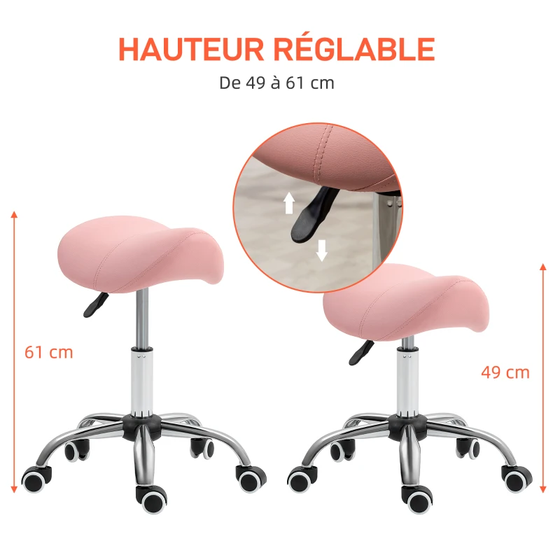 HOMCOM Tabouret à roulettes, chaise de travail avec hauteur réglable 49-61 cm et selle ergonomique, 52x53x49-61cm, rose