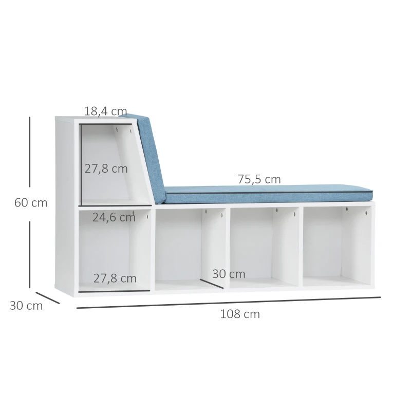 HOMCOM Biblioteca banco 2 en 1 con 5 compartimentos de almacenamiento y 2 cojines 108 x 30 x 60 cm blanco azul