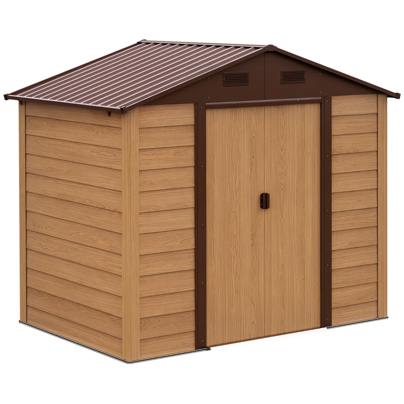 Outsunny Casetta da Giardino in Lamira Porta Attrezzi con Porte Scorrevoli, Effetto Legno, 152x235.7x208.7cm