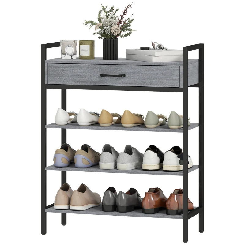 HOMCOM Étagère à chaussures de 4 niveaux, Étagère de hall pour jusqu'à 9 paires de chaussures, Panneau de particules, Métal, Gris