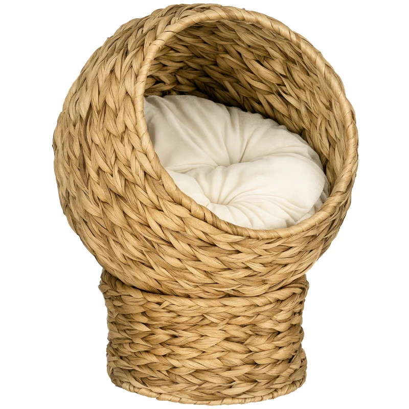 PawHut Rattan Katzenkorb Katzenhöhle Katzenhütte Katzenbett mit Kissen Haustierbett Wasserhyazinthe Braun 42 x 33 x 52 cm