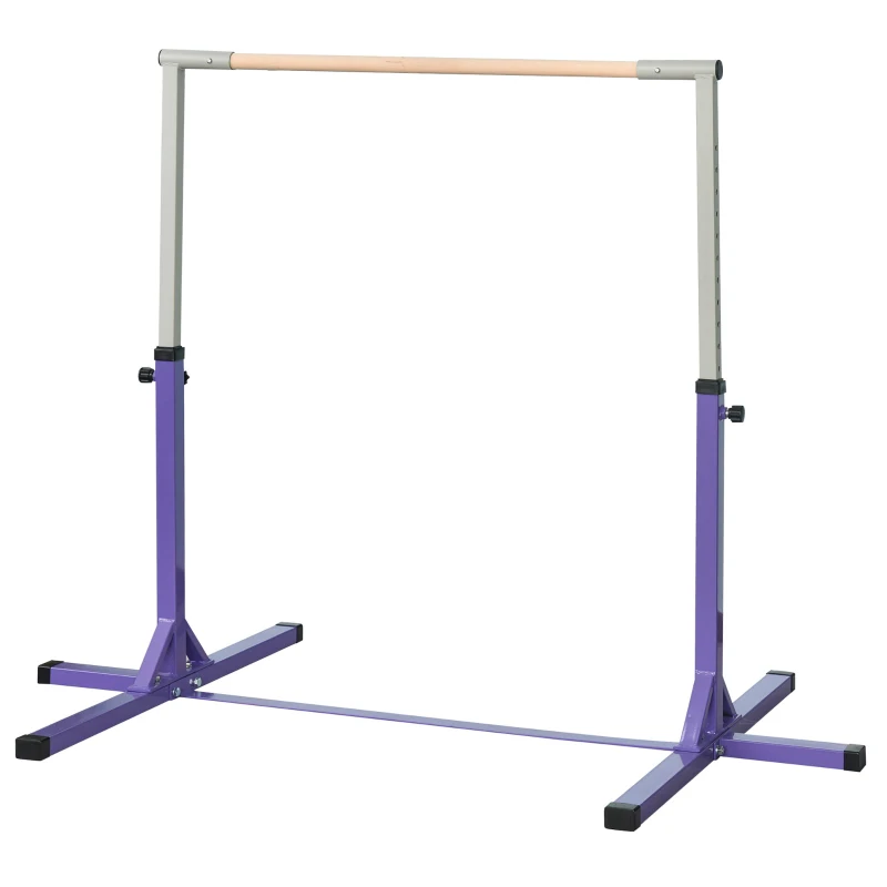 HOMCOM Bară de tracțiune de gimnastică pentru copii, bară de gimnastică înălțime reglabilă 13 nivele 92 la 150 cm, oțel violet lemn masiv de fag