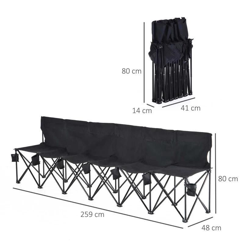 Outsunny 6 Seater Folding Sports Bench Outdoor Picnic Camping Portable Chair w/Cup Holder & Carry Bag - Black
