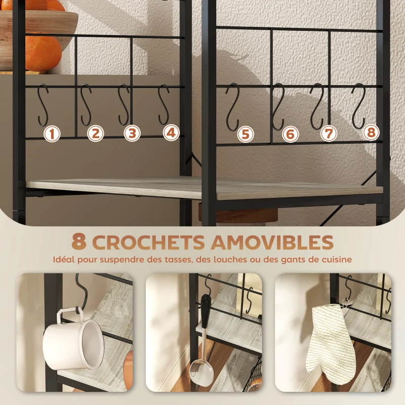 HOMCOM Étagère de cuisine, support pour micro-ondes, avec panneau grillagé, 8 crochets, 60 x 42 x 134,5 cm, chêne