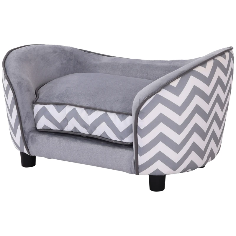 PawHut Sofá para Mascotas Sofá Acolchado para Perros y Gatos de Madera Cama Elevada para Perros y Gatos con Cojín Grueso Patas y Bolsillo de Almacenaje 68,5x40,5x40,5 cm Gris