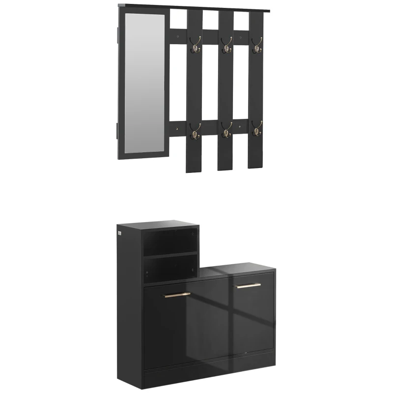 HOMCOM Recibidor con Espejo Perchero y Zapatero Muebles de Entrada con 6 Ganchos y Estantes para 8 Pares de Zapatos Negro