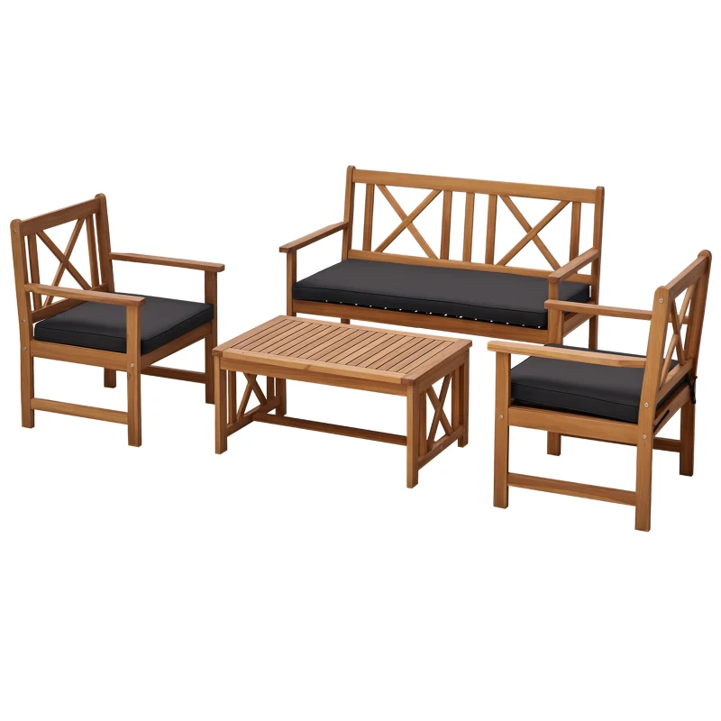 Outsunny Salotto da Esterni in Legno di Acacia | Set 4 Pezzi Mobili da Giardino: Divano, Poltrone, Tavolino con Cuscini