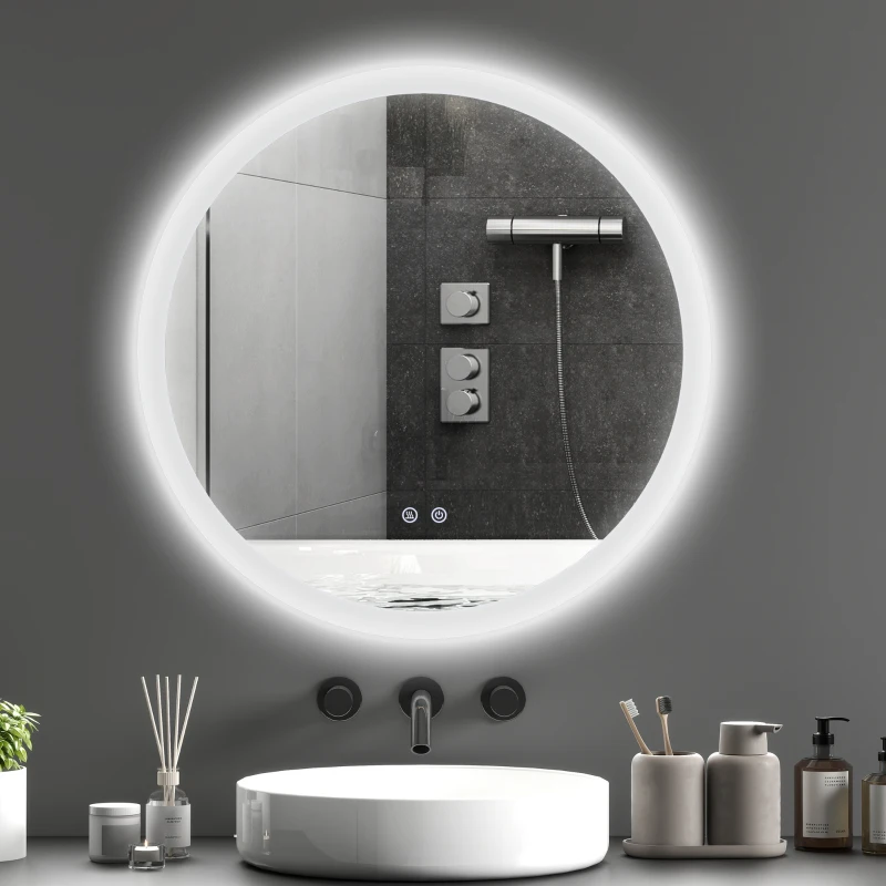 kleankin Miroir rond lumineux LED de salle de bain Ø 70 cm mural éclairage interrupteur tactile système antibuée 35W blanc argent