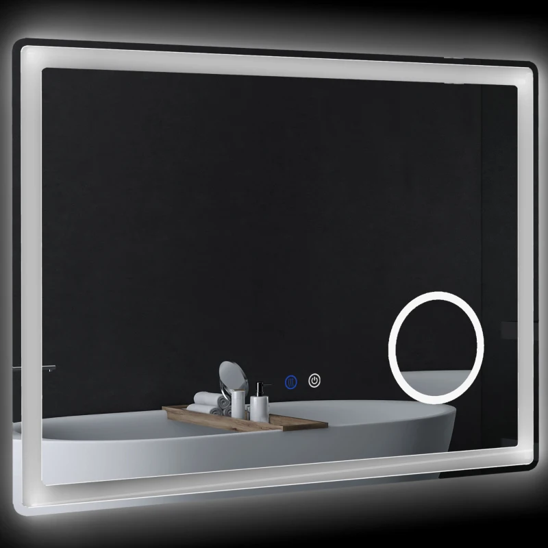kleankin Oglindă de baie rectangulară cu LED, funcție antiabur, luminozitate reglabilă, oglindă cu zoom x3 80 x 60 cm transparent