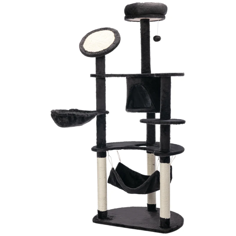 PawHut Árbol Rascador para Gatos Grande 65x50x153 cm Torre para Gatos Centro de Actividades con Múltiples Plataforma Poste Hamaca Bolas de Juguete y Cueva Gris Oscuro