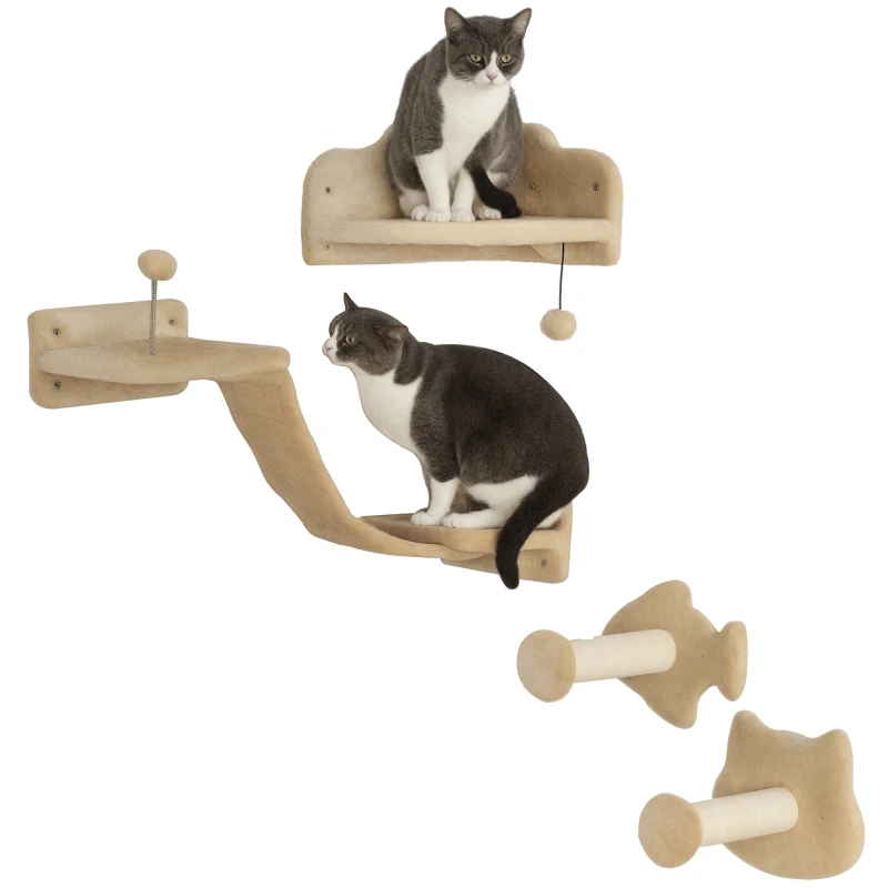 PawHut Conjunto de Prateleiras de Escalada para Gatos de 4 Peças com 2 Postes de Sisal e Plataforma para Saltar Bege