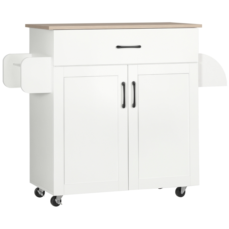 HOMCOM Dessert îlot de cuisine multi-rangements 1 tiroirs 1 placard 2 portes avec étagère réglable porte-torchons et porte-épices - MDF blanc